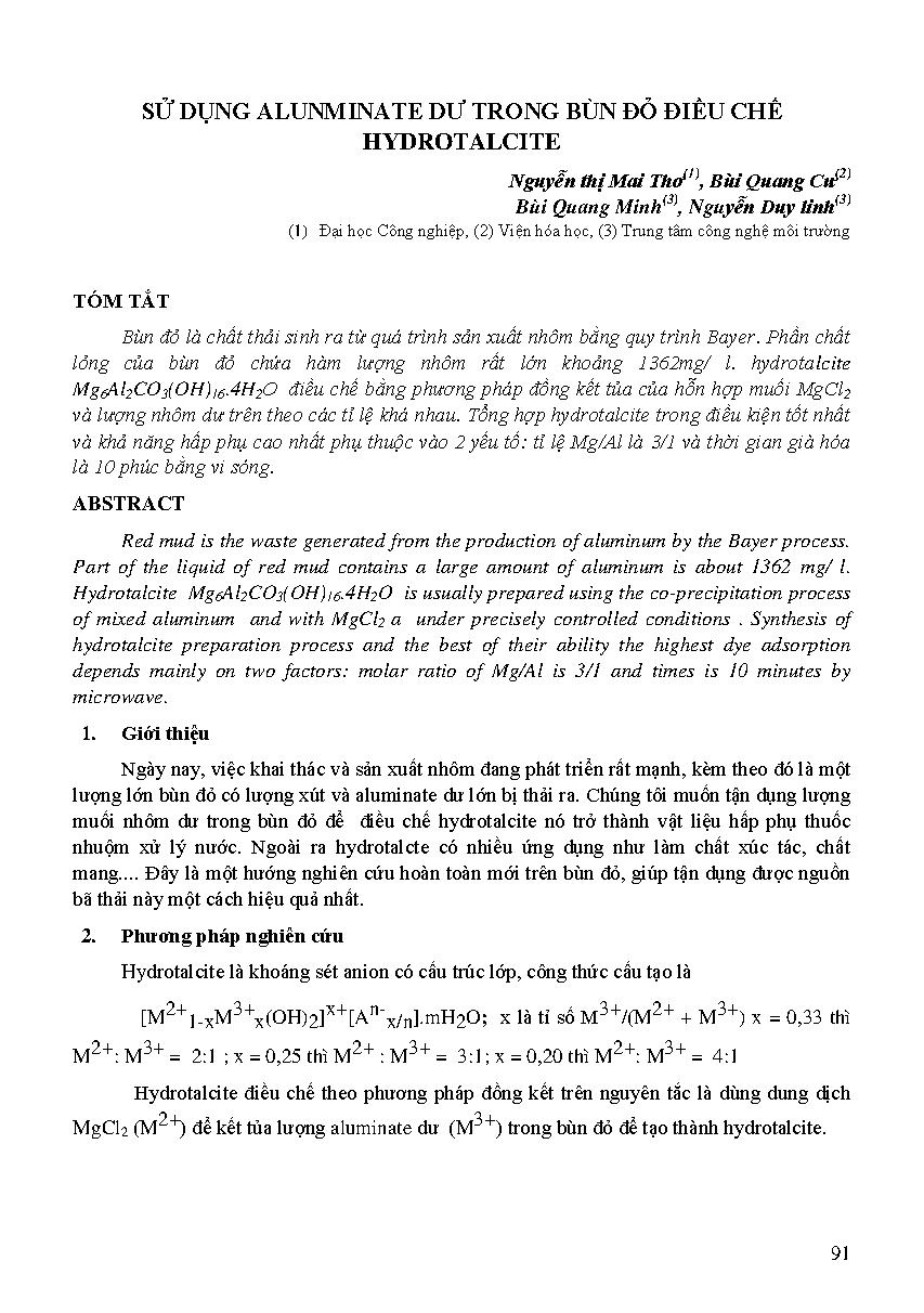 Sử dụng Alunminate dư trong bùn đỏ điều chế hydrotalcite