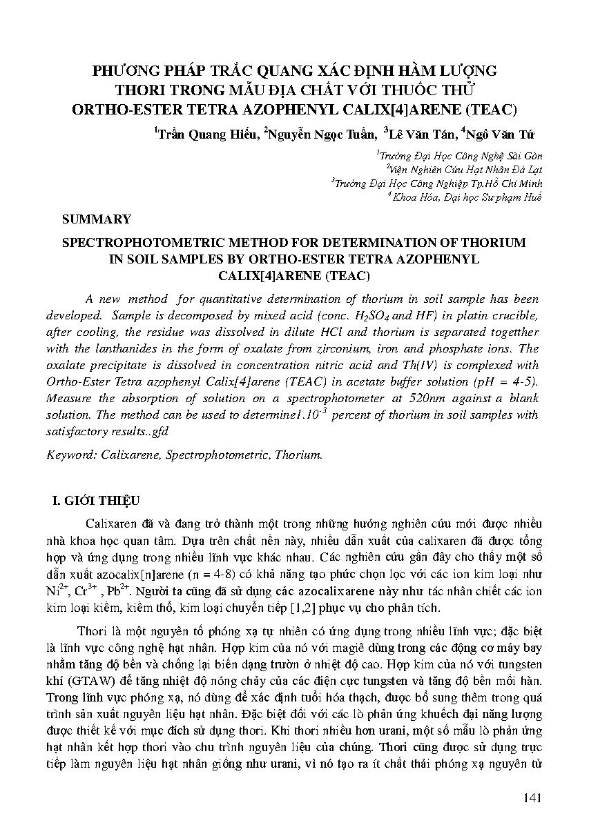 Phương pháp trắc quan xác định hàm lượng Thori trong mẫu địa chất với thuốc thử Ortho-ester tetra azophenyl calix[4]arene (TEAC)