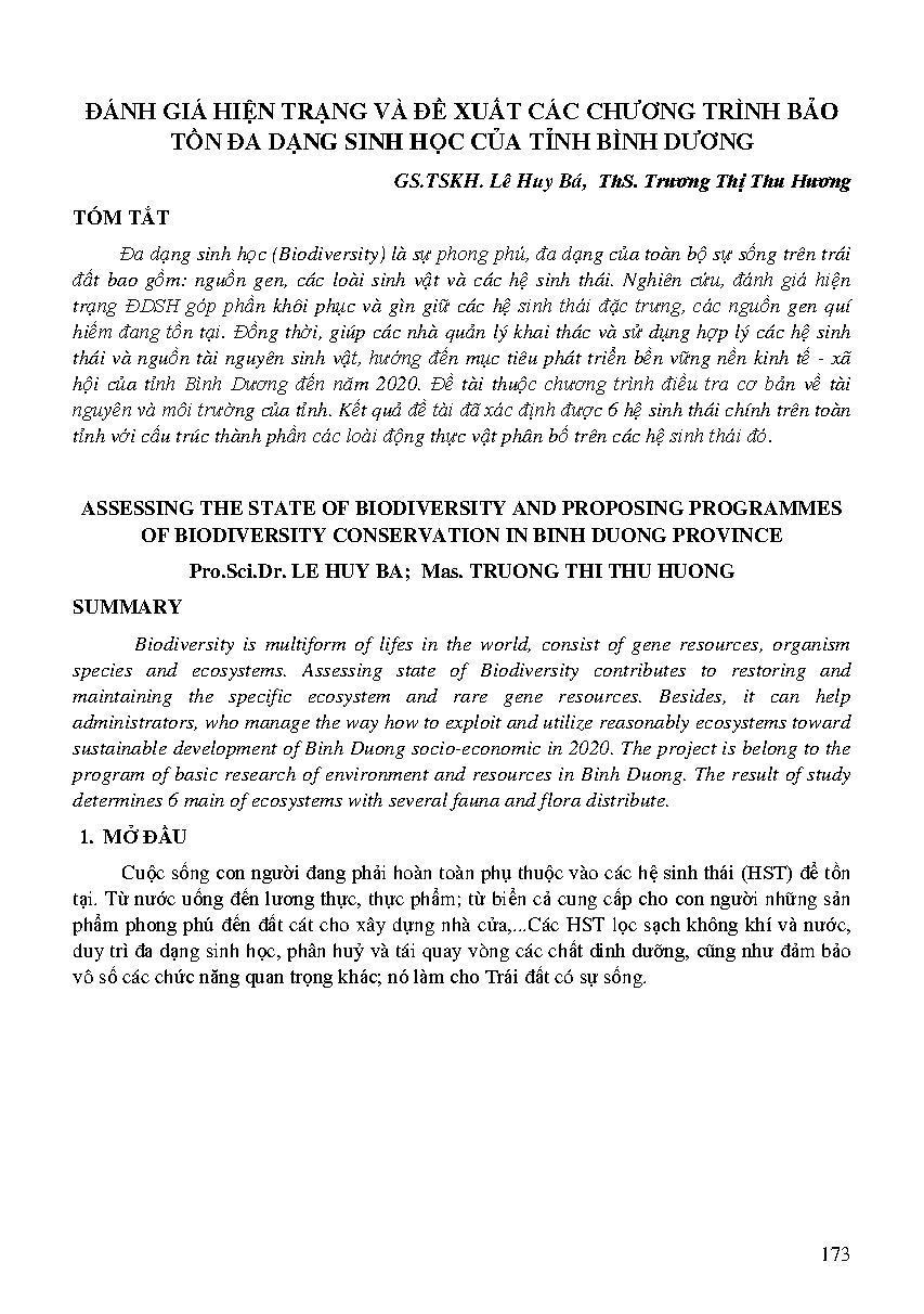 Đánh giá hiện trạng và đề xuất các chương trình bảo tồn đa dạng sinh học của tỉnh Bình Dương