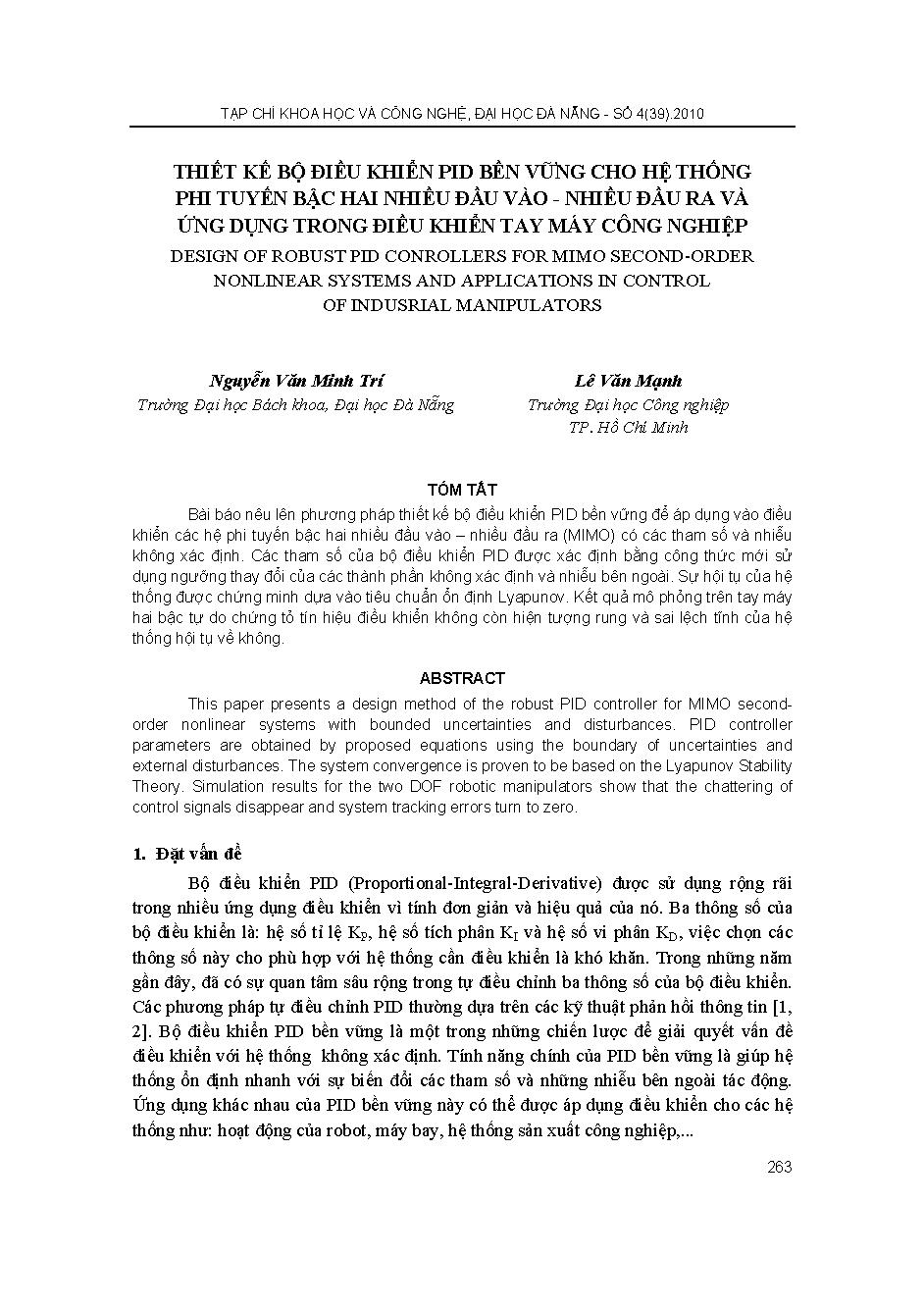 Thiết kế bộ điều khiển bền vững cho hệ thống phi tuyến bậc hai nhiều đầu vào - nhiều đầu ra và ứng dụng trong điều khiển tay máy công nghiệp