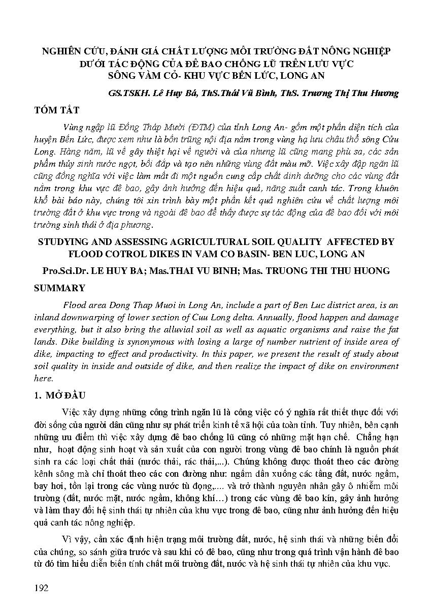Nghiên cứu, đánh giá chất lượng môi trường đất nông nghiệp dưới tác dụng của đê bao chống lũ trên lưu vực sông Vàm cỏ - khư vực Bến Lức, Long An