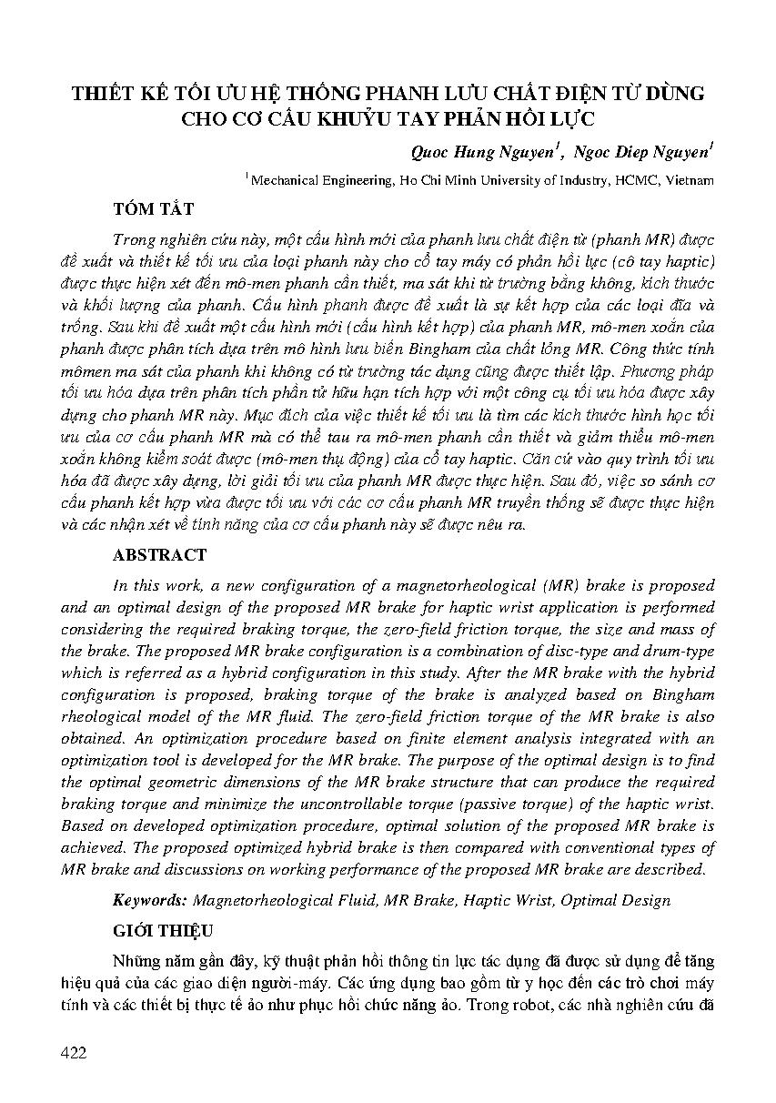 Thiết kế tối ưu hệ thống phanh lưu chất điện từ dùng cho cơ cấu khửu tay phản hồi lực