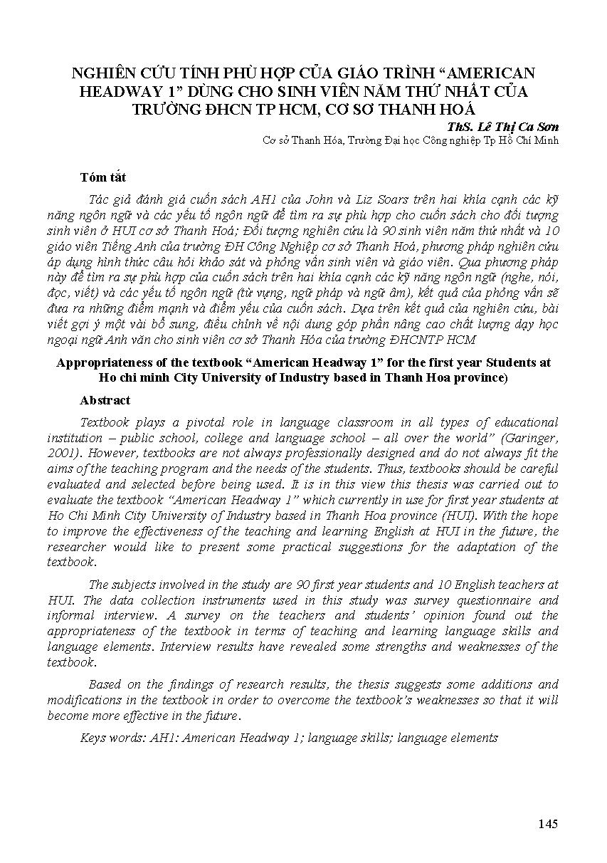 Nghiên cứu tính phù hợp của giáo trình "American headway 1" dùng cho sinh viên năm thứ nhất của Trường ĐHCN TP HCM, cơ sở Thanh Hóa