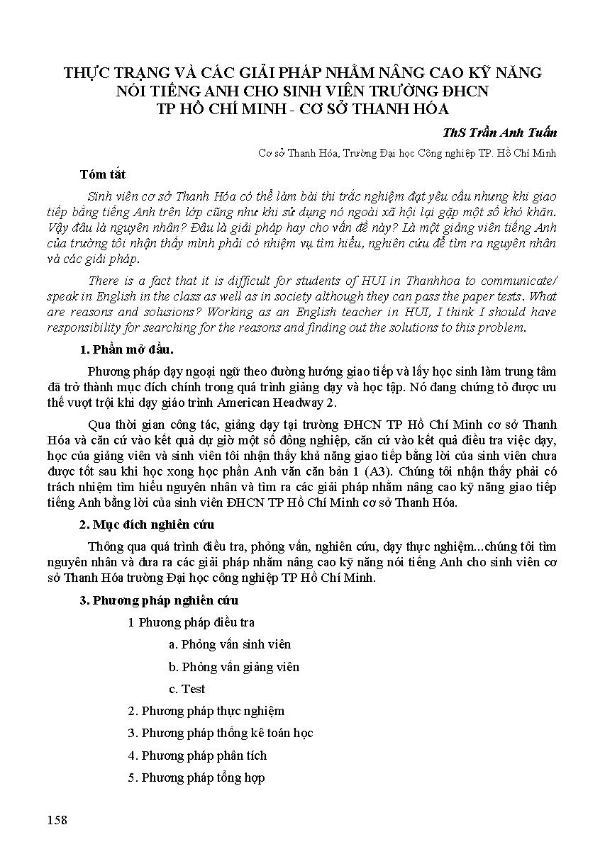 Thực trạng và các giải pháp nhằm nâng cao kỹ năng nói tiếng Anh cho sinh viên trường ĐHCN TP Hồ Chí Minh - Cơ sở Thanh Hóa