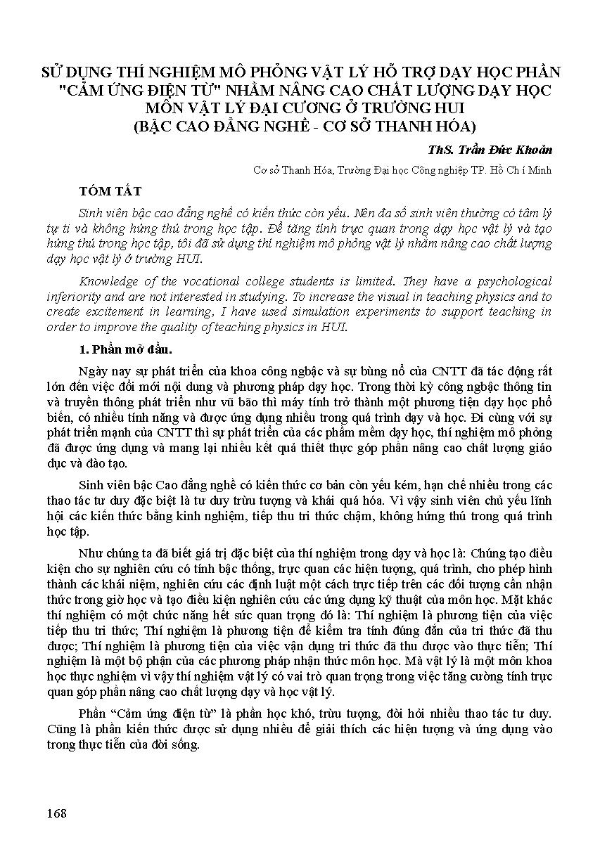 Sử dụng thí nghiệm mô phỏng vật lý hỗ trợ dạy học phần "cảm ứng điện từ" nhằm nâng cao chất lượng dạy học môn vật lý đại cương ở trường HUI (bậc cao đẳng nghề - Cơ sở Thanh Hóa)