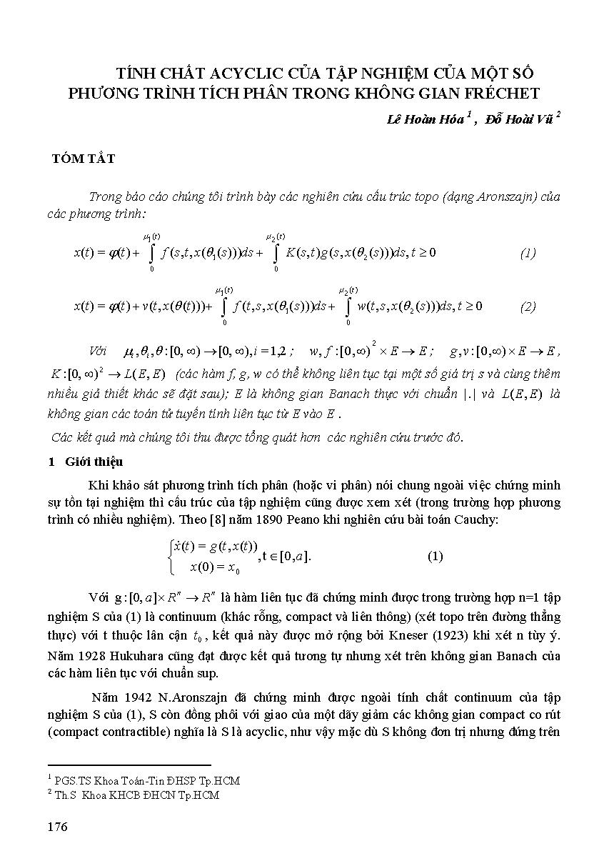 Tính chất Acyclic của tập nghiệm của một số phương trình tích phân trong không gian Fréchet