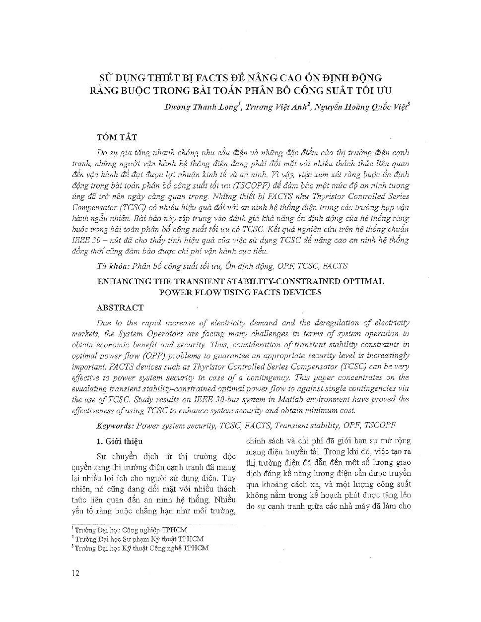 Sử dụng thiệt bị FACTS để nâng cao ổn định động ràng buộc trong bài toán phân bố công suất tối ưu