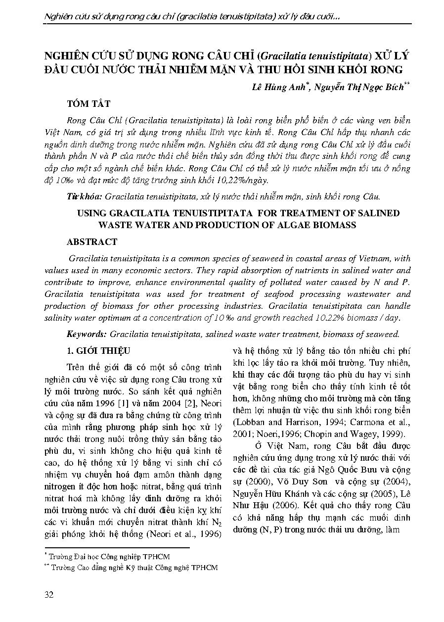 Nghiên cứu sử dụng rong câu chỉ (Gracilatia tenuistipitata) xử lý đầu cuối nước thải nhiễm mặn và thu hồi sinh khối rong