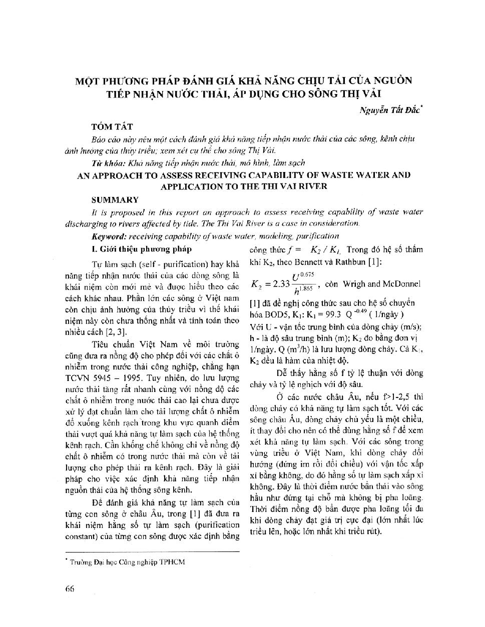 Một phương pháp đánh giá khả quan chịu tải của nguồn tiếp nhận nước thải, áp dụng cho sông Thị Vải