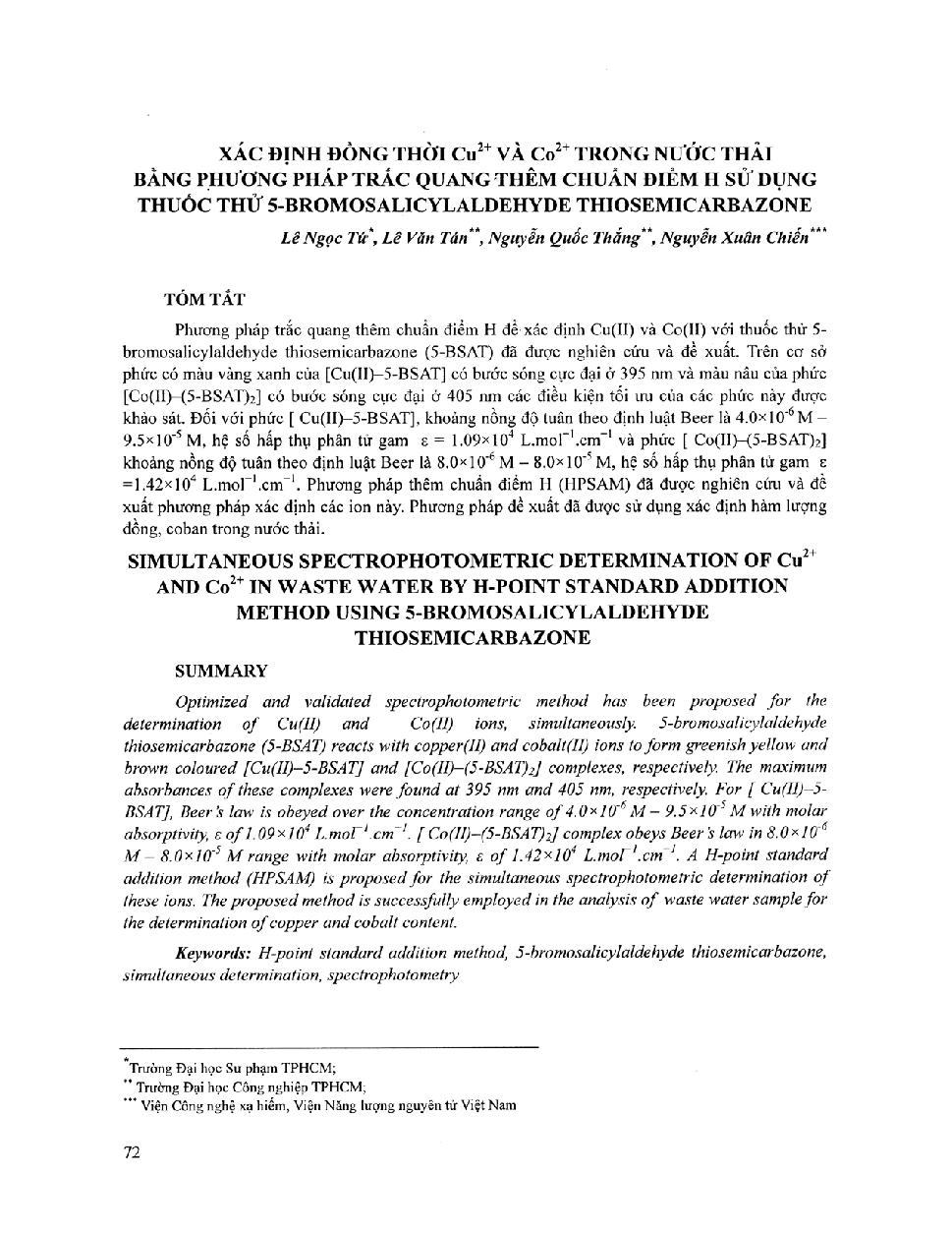 Xác định đồng thời Cu+ và Co+ trong nước thải bằng phương pháp trắc quan thêm chuẩn điểm H sử dụng thuốc thử 5-Bromosalicylaldehyde thiosemicarbazone