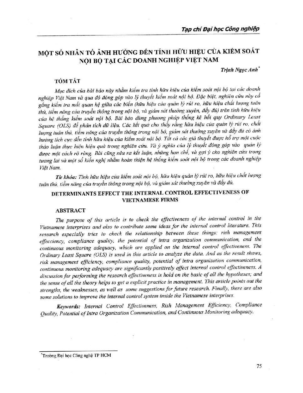 Một số nhân tố ảnh hưởng đến tính hữu hiệu của kiểm soát nội bộ tại các doanh nghiệp Việt Nam
