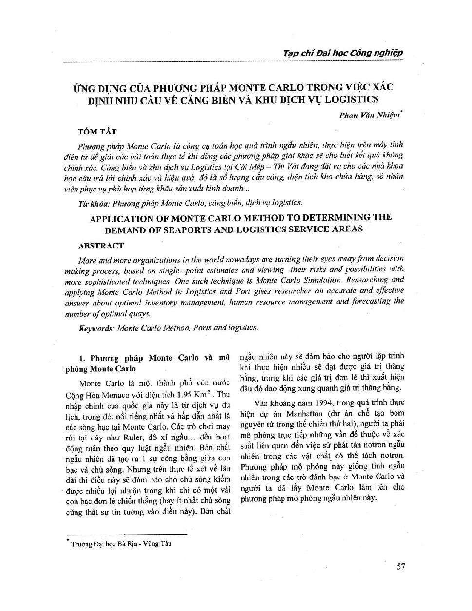 Ứng dụng của phương pháp Monte carlo trong việc xác định nhu cầu về cảng biển và khu dịch vụ Logistics