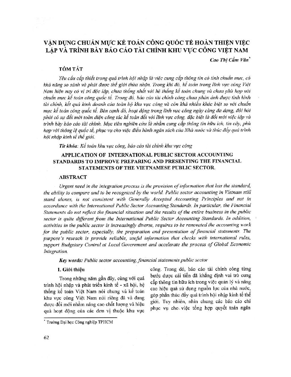 Vận dụng chuẩn mực kế toán công quốc tế hoàn thiện việc lập và trình bày báo cáo tài chính khu cực công Việt Nam