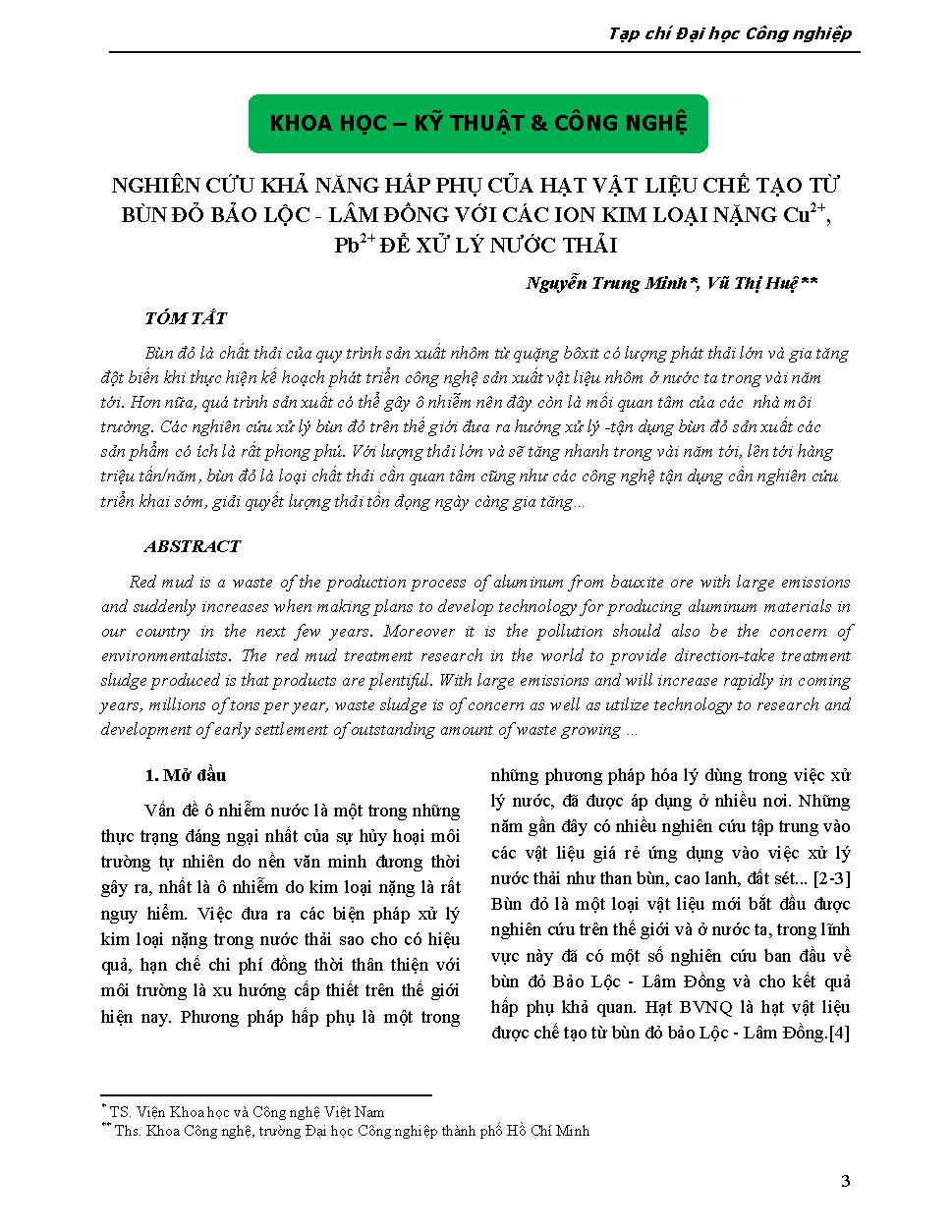 Nghiên cứu khả năng hấp phụ của hạt vật liệu chế tạo từ bùn đỏ Bảo Lộc - Lâm Đồng với các ion kim loại nặng Cu2+, Pb2+ để xử lý nước thải