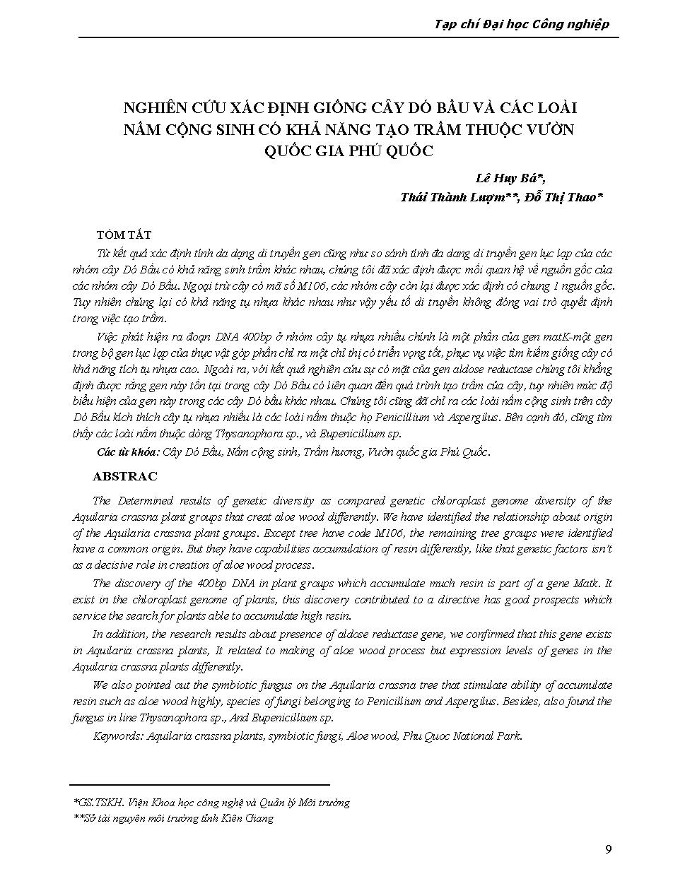 Nghiên cứu xác định giống cây Dó Bầu và các loài nấm cộng sinh có khả năng tạo trầm thuộc vườn quốc gia Phú Quốc