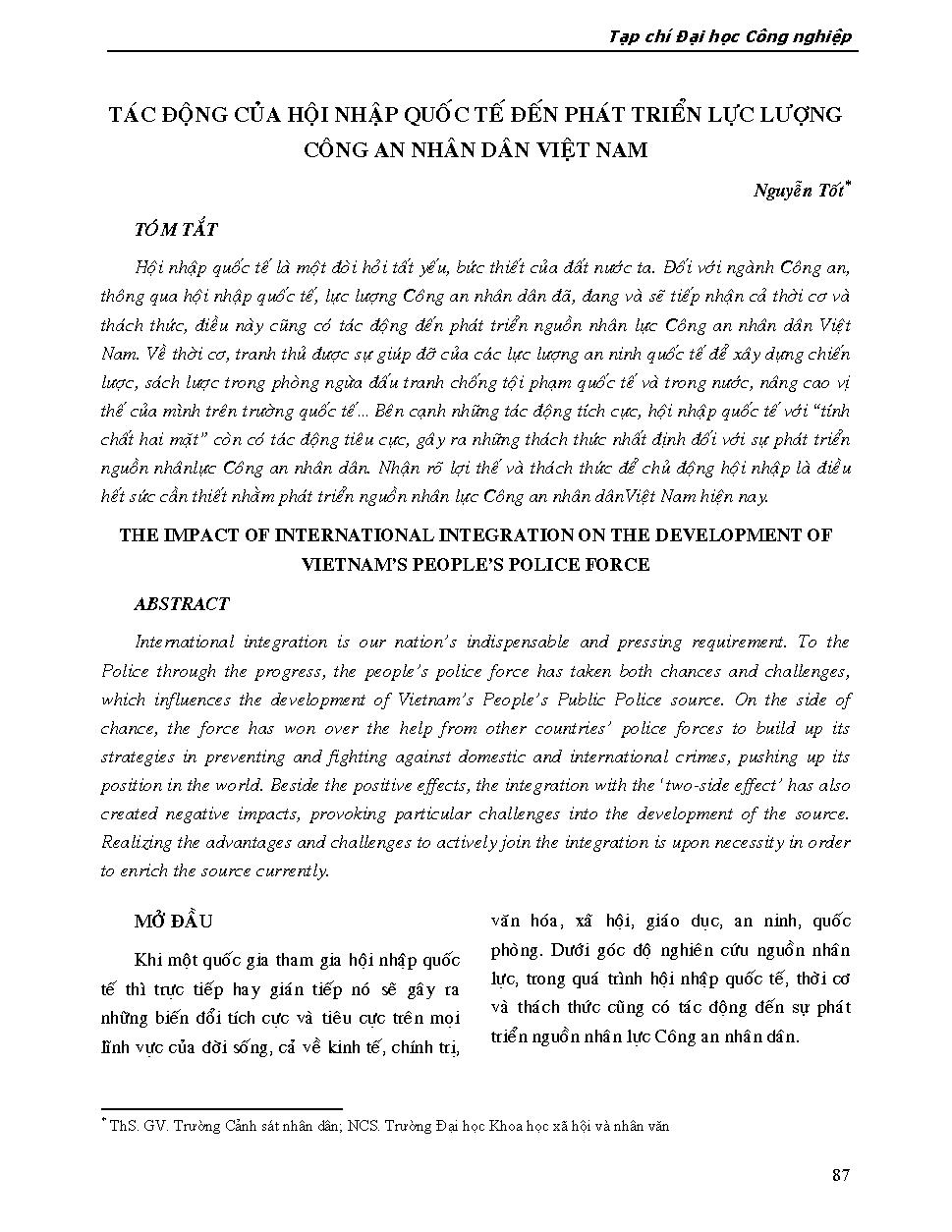 Tác động của hội nhập quốc tế đến phát triển lực lượng công an nhân dân Việt Nam