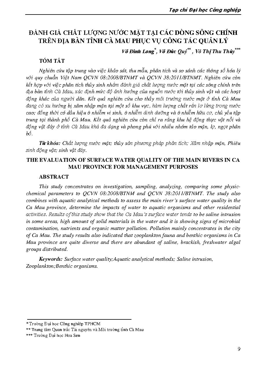 Đánh giá chất lượng nước mặt tại các dòng sông chính trên địa bàn tỉnh Cà Mau phục vụ công tác quản lý