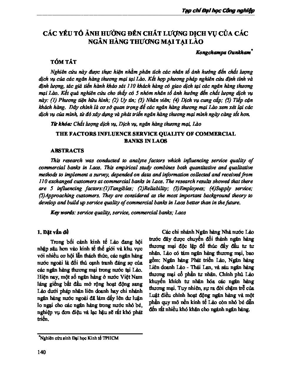 Các yếu tố ảnh hưởng đến chất lượng dịch vụ của các ngân hàng thương mại tại Lào