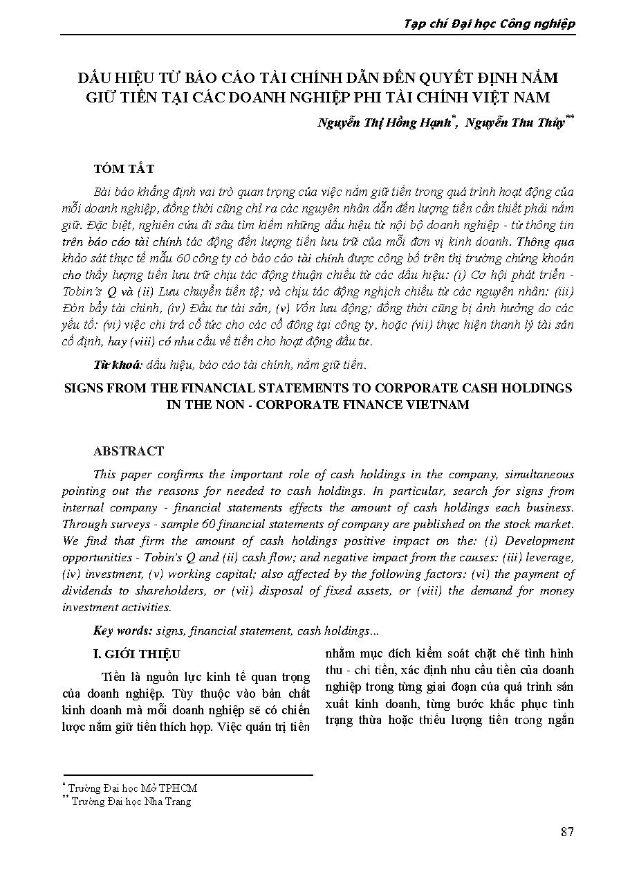 Dấu hiệu từ báo cáo tài chính dẫn đến quyết định nắm giữ tiền tại các doanh nghiệp phi tài chính Việt Nam