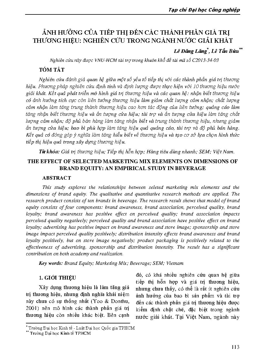 Ảnh hưởng của tiếp thị đến các thành phần giá trị thương hiệu: Nghiên cứu trong ngành nước giải khát