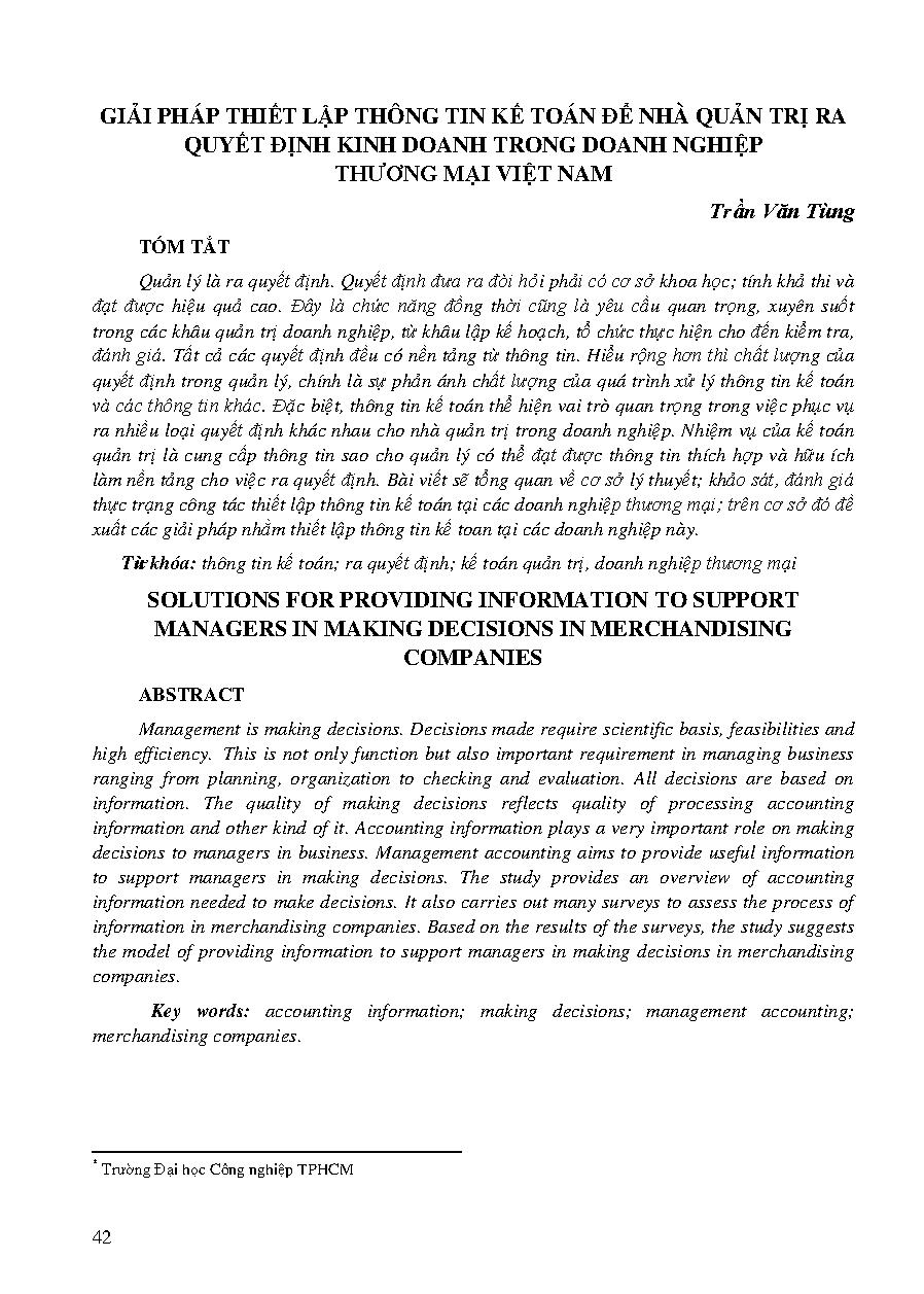 Giải pháp thiết lập thông tin kế toán để nhà quản trị ra quyết định kinh doanh trong doanh nghiệp thương mại Việt Nam