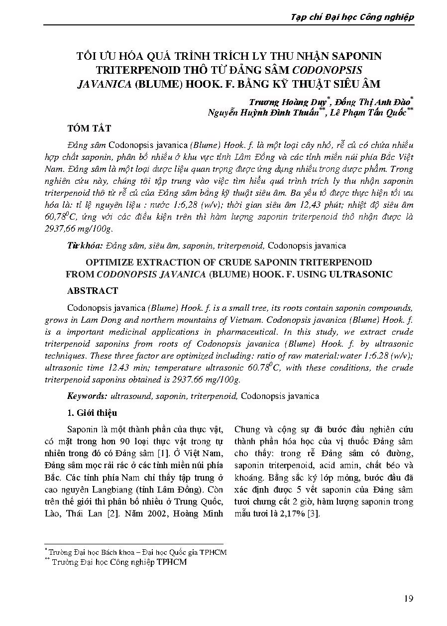 Tối ưu hóa quá trình trích ly thu nhận Saponin Triterpenoid thô từ Đảng sâm Codonopsis Javanica (Blume) Hook. F. Bằng kỹ thuật siêu âm