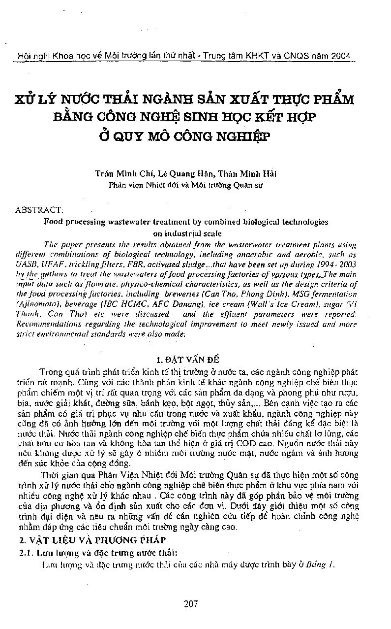 Xử lý nước thải ngành sản xuất thực phẩm bằng công nghệ sinh học kết hợp ở quy mô công nghiệp