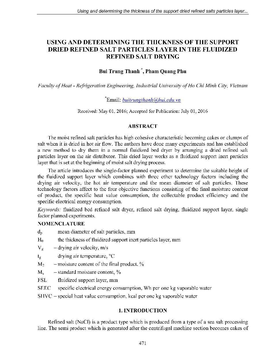 Using and determining the thickness of the support dried refined salt particles layer in the fluidized refined salt drying