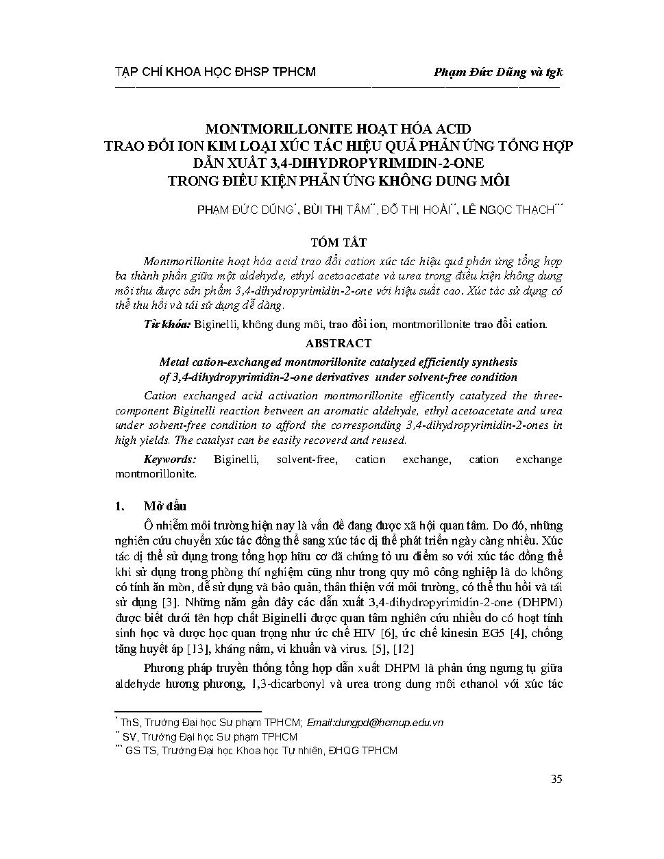 Montmorillonite hoạt hóa acid trao đổi ion kim loại xúc tác hiệu quả phản ứng tổng hợp dẫn xuất 3,4-Dihydropyrimidin-2-one trong điều kiện phản ứng không dung môi