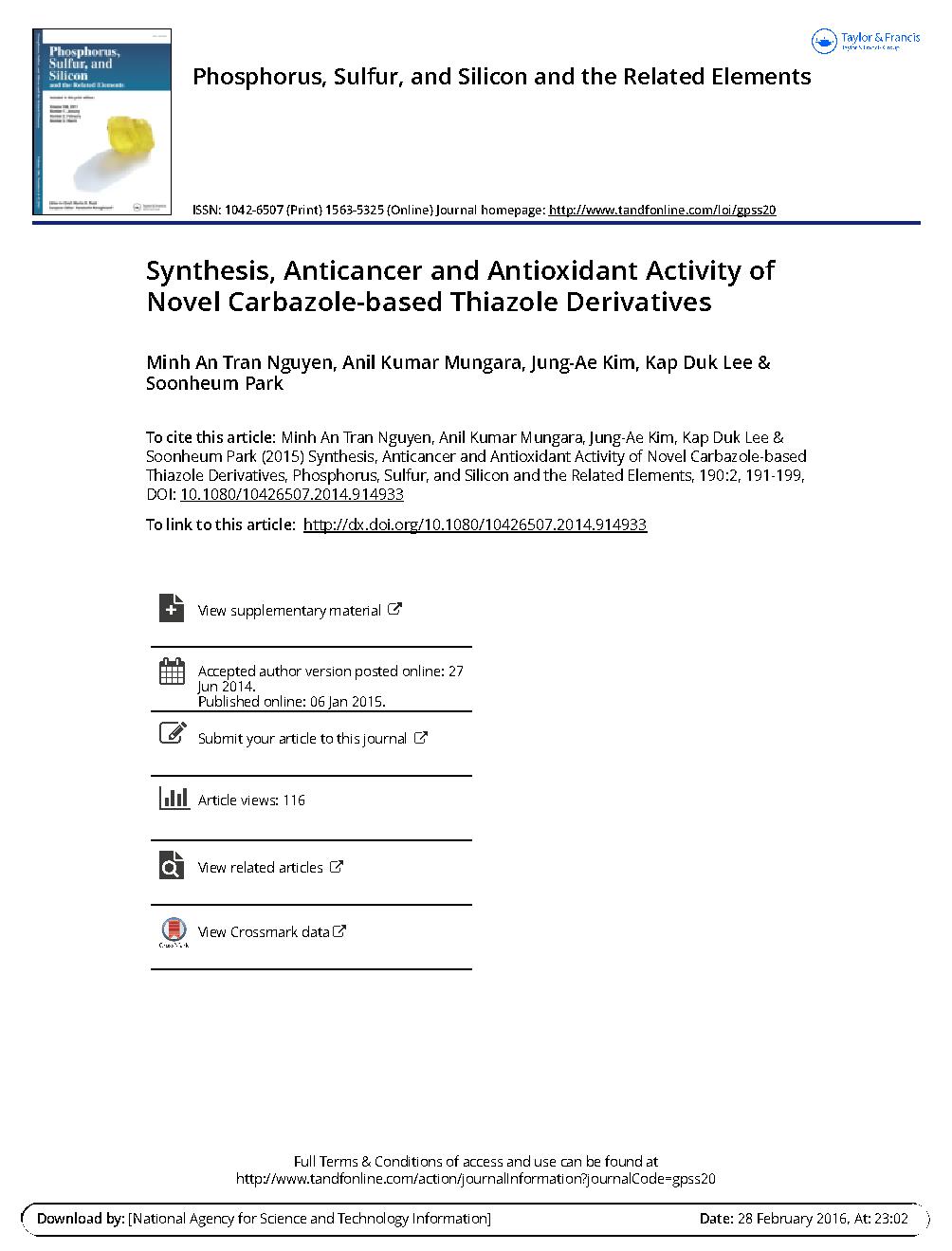 Synthesis, Anticancer and Antioxidant Activity of novel carbazole-based thiazole derivatives