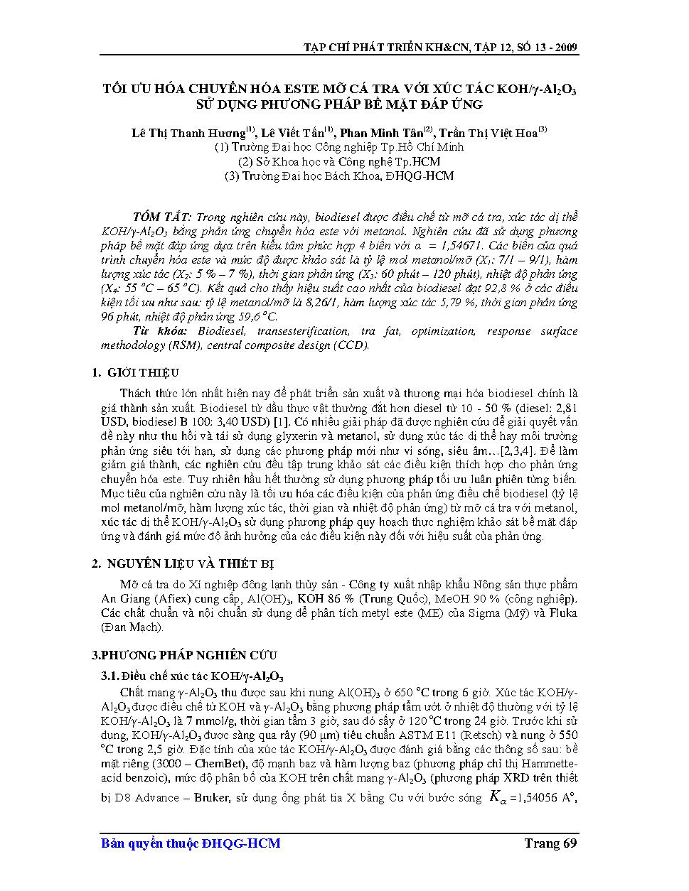 Tối ưu hóa chuyển hóa este mỡ cá tra với xúc tác KOH/γ-Al203 sử dụng phương pháp bề mặt đáp ứng