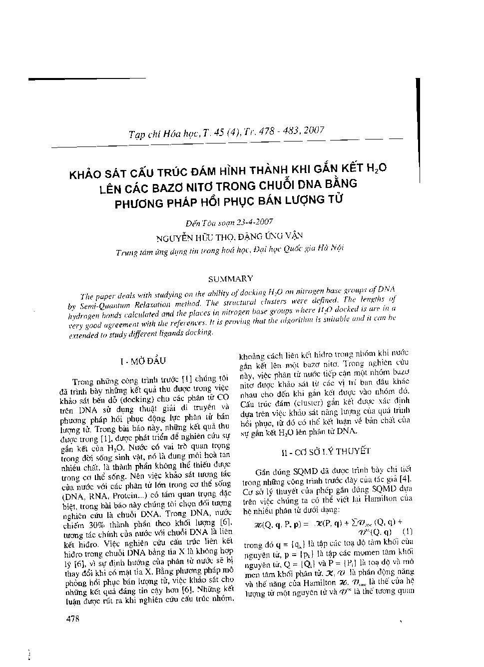 Khảo sát cấu trúc đảm hình thành khi gắn kết H2O lên các bazơ nitơ trong chuỗi DNA bằng phương pháp hồi phục bán lượng tử