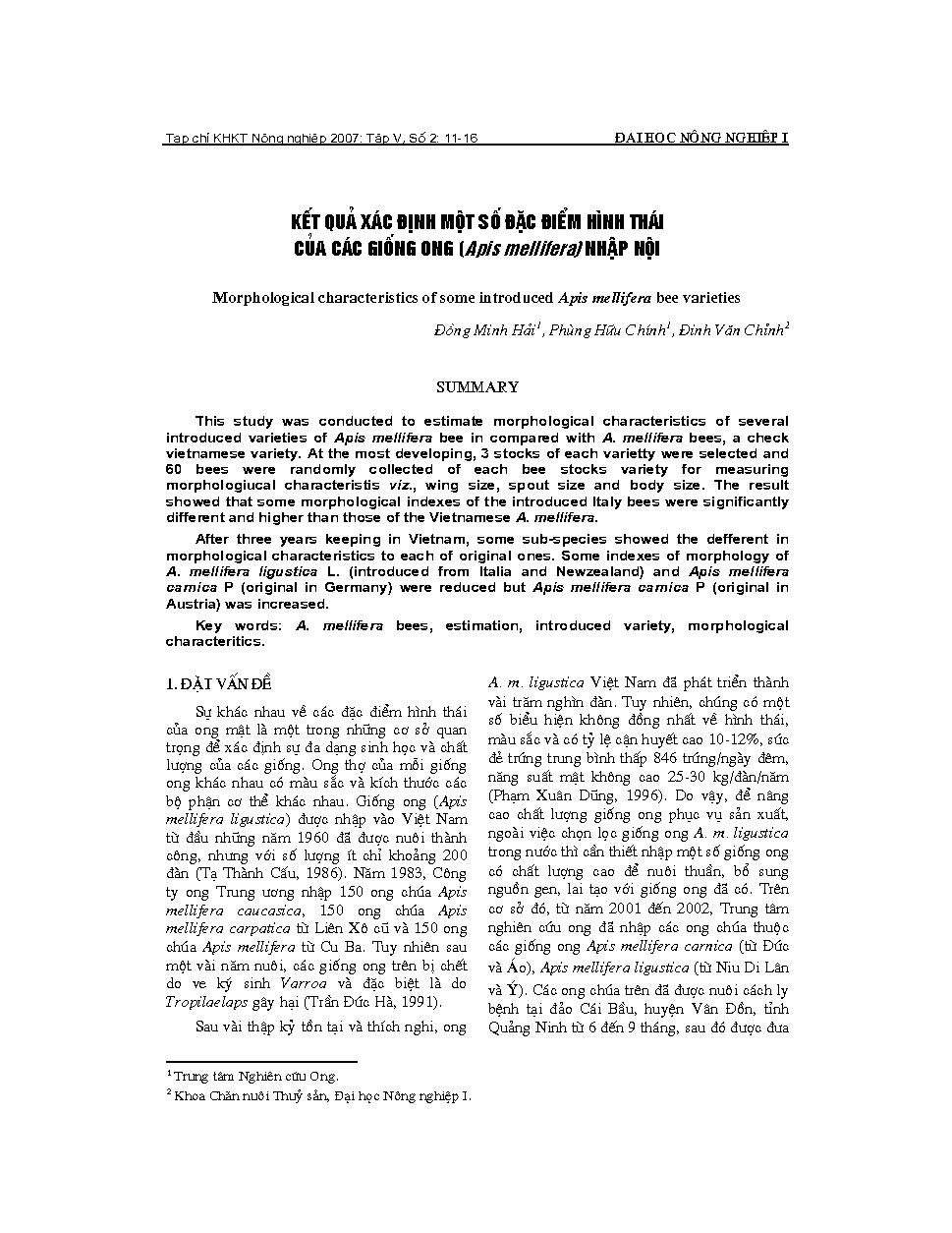 Kết quả xác định một số đặc điểm hình thái của các giống ong (Apis mellifera) nhập nội