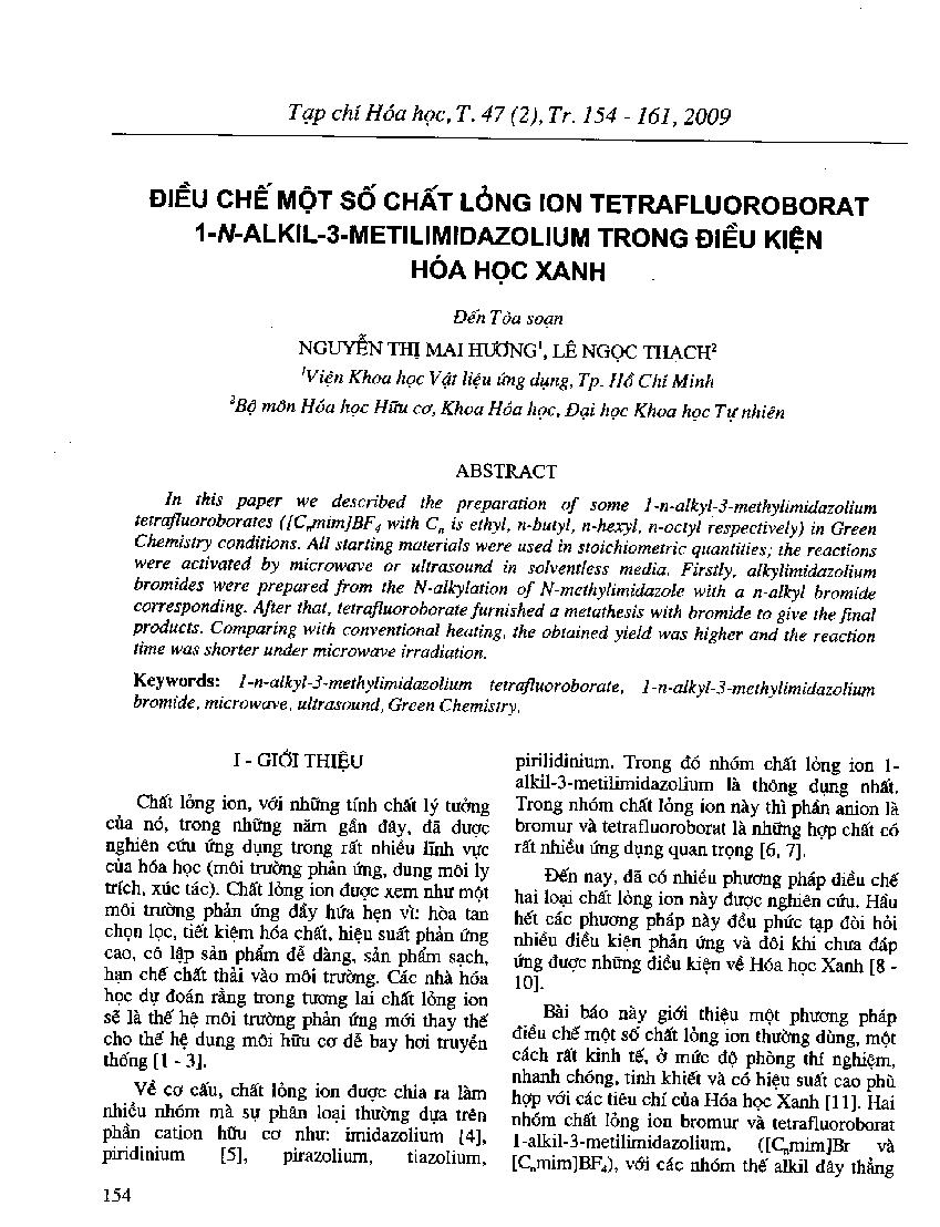 Điều chế một số chất lỏng ion tetrafluoroborat 1-n-alkil-3-metilmidazolium trong điều kiện hóa học xanh