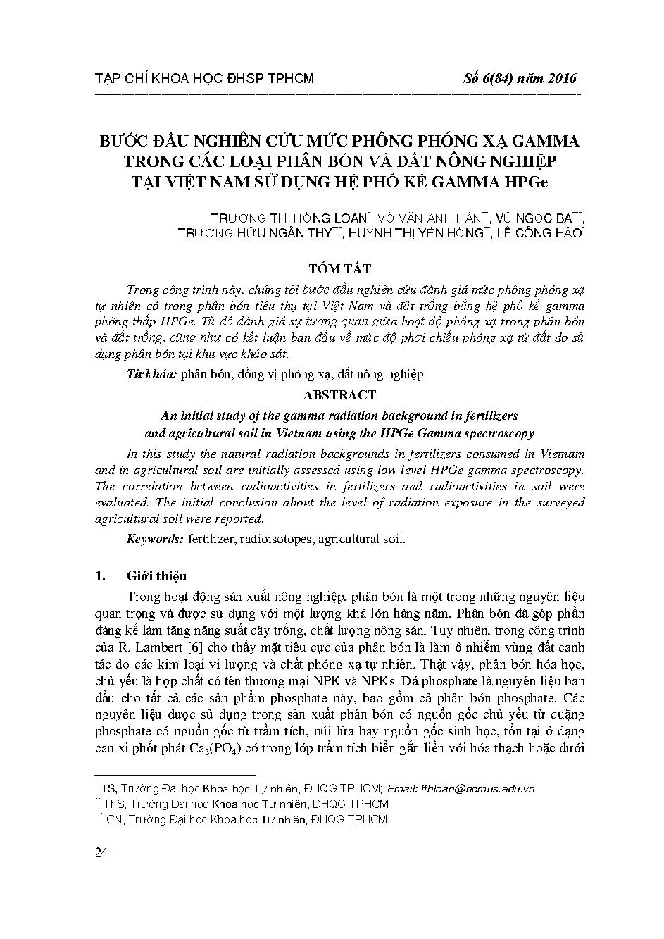 Bước đầu nghiên cứu mức phông phóng xạ GAMMA trong các loại phân bón và đất nông nghiệp tại Việt Nam sử dụng hệ phổ kế GAMMA HPGe