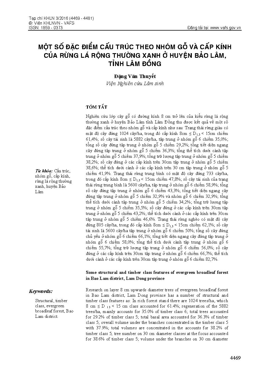 Một số đặc điểm cấu trúc theo nhóm gỗ và cấp kính của rừng lá rộng thường xanh của huyện Bảo Lâm, tỉnh Lâm Đồng