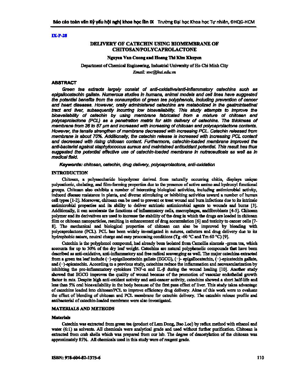 Delivery of catechin using biomembrane of chitosan/polycaprolactone