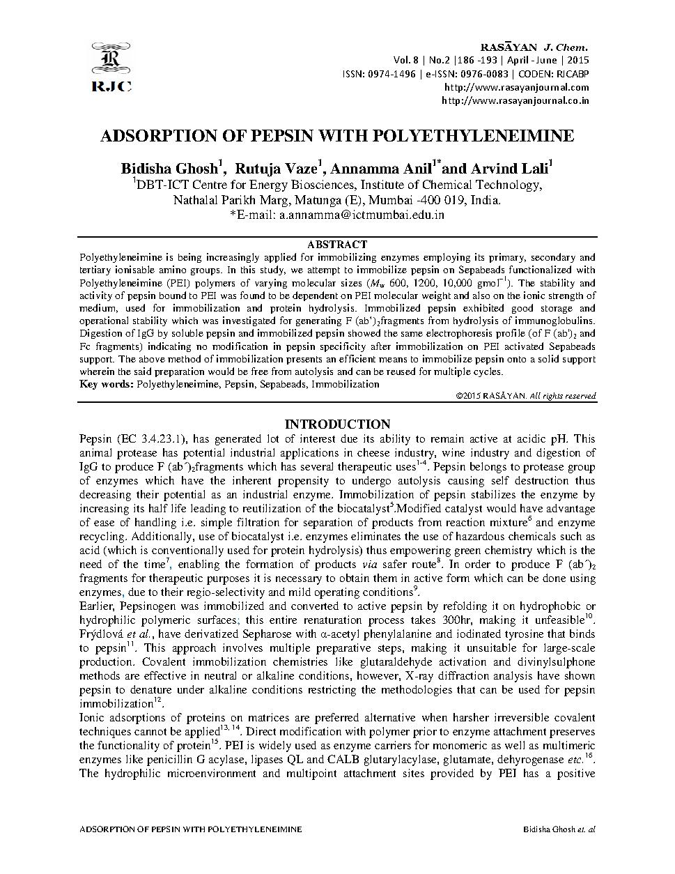 Adsorption of pepsin with polyethyleneimine