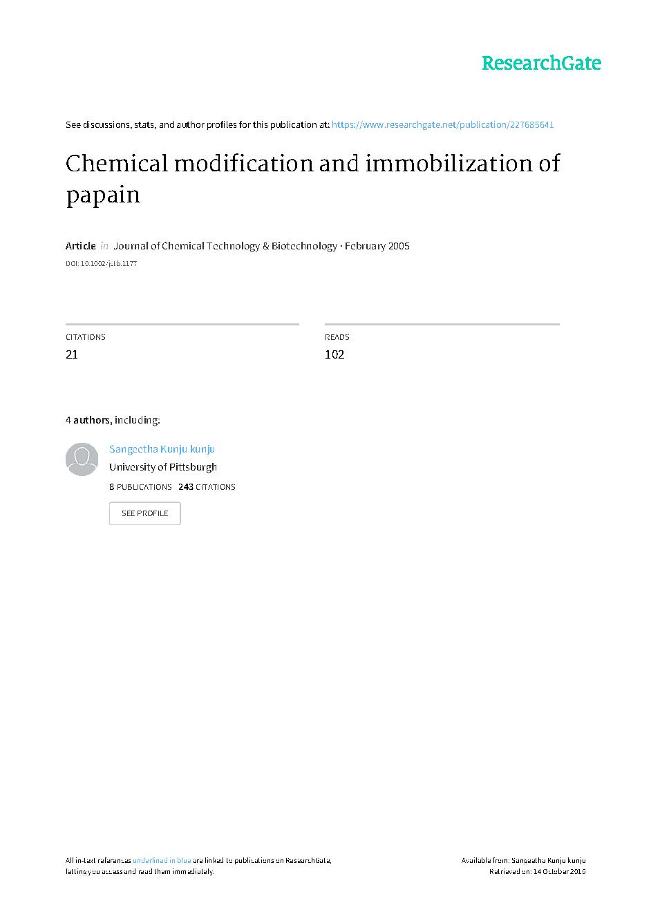 Chemical modification and immobilization of papain