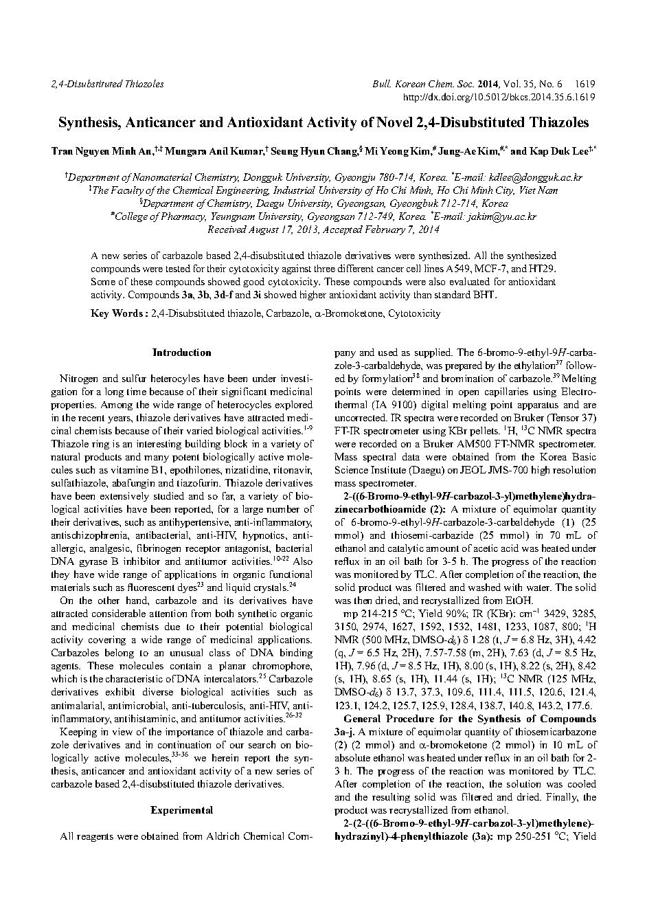 Synthesis, Anticancer and Antioxidant Activity of novel 2,4-Disubstituted thiazoles