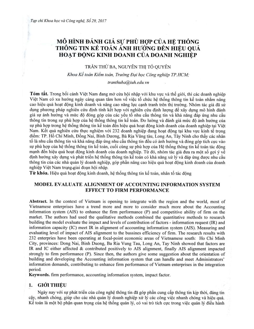 Mô hình đánh giá sự phù hợp của hệ thống thông tin kế toán ảnh hưởng đến hiệu quả hoạt động kinh doanh của doanh nghiệp