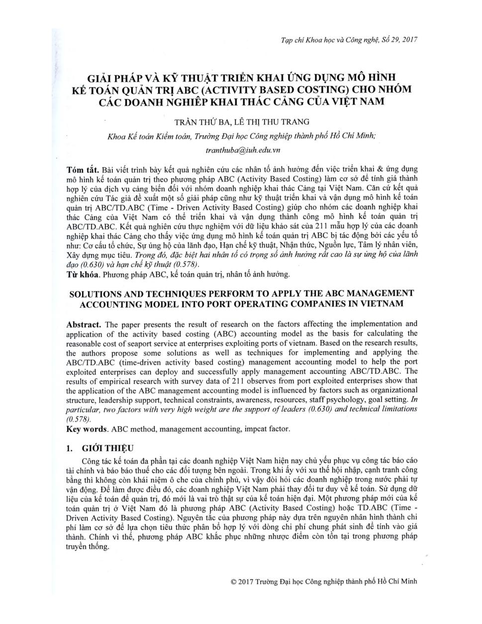 Giải pháp và kỹ thuật triển khai ứng dụng mô hình kế toán quản trị ABC (Activity based costing) cho nhóm các doanh nghiệp khai thác cảng của Việt Nam