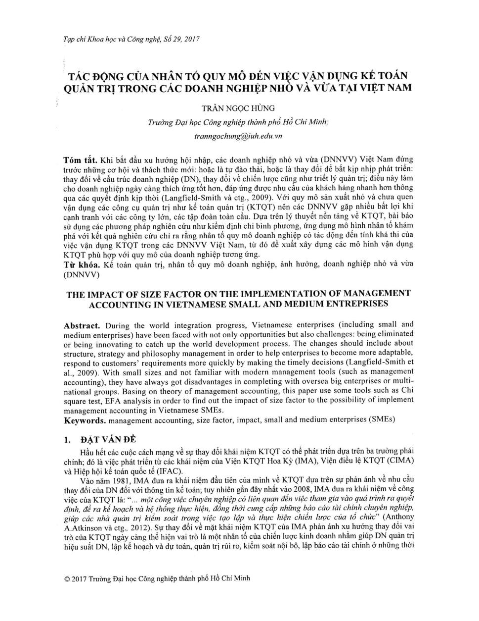 Tác động của nhân tố quy mô đến việc vận dụng kế toán quản trị trong các doanh nghiệp nhỏ và vừa tại Việt Nam