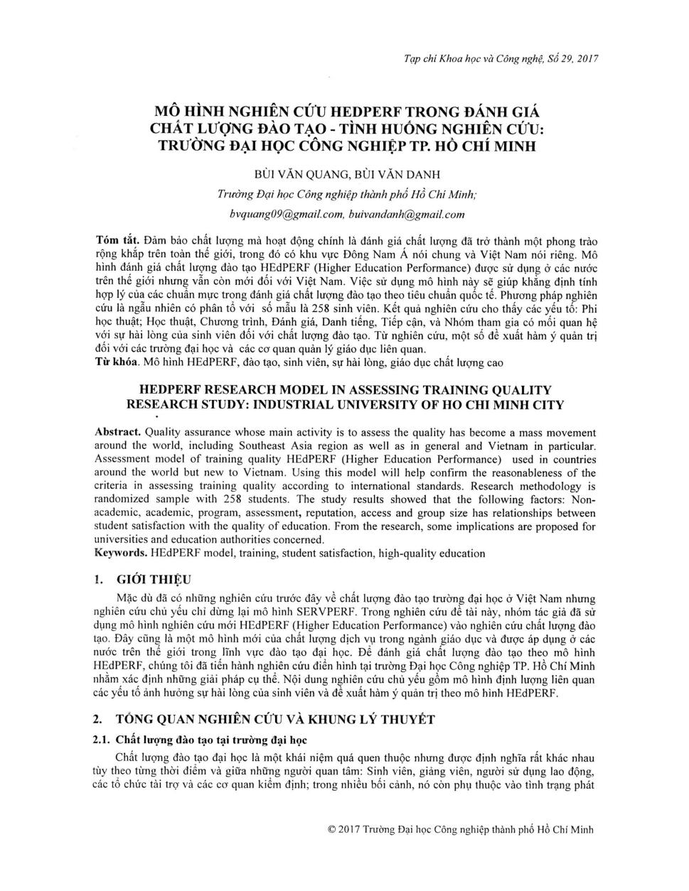 Mô hình nghiên cứu Hedpere trong đánh giá chất lượng đào tạo - Tình huống nghiên cứu: Trường đại học Công nghiệp Tp. Hồ Chí Minh